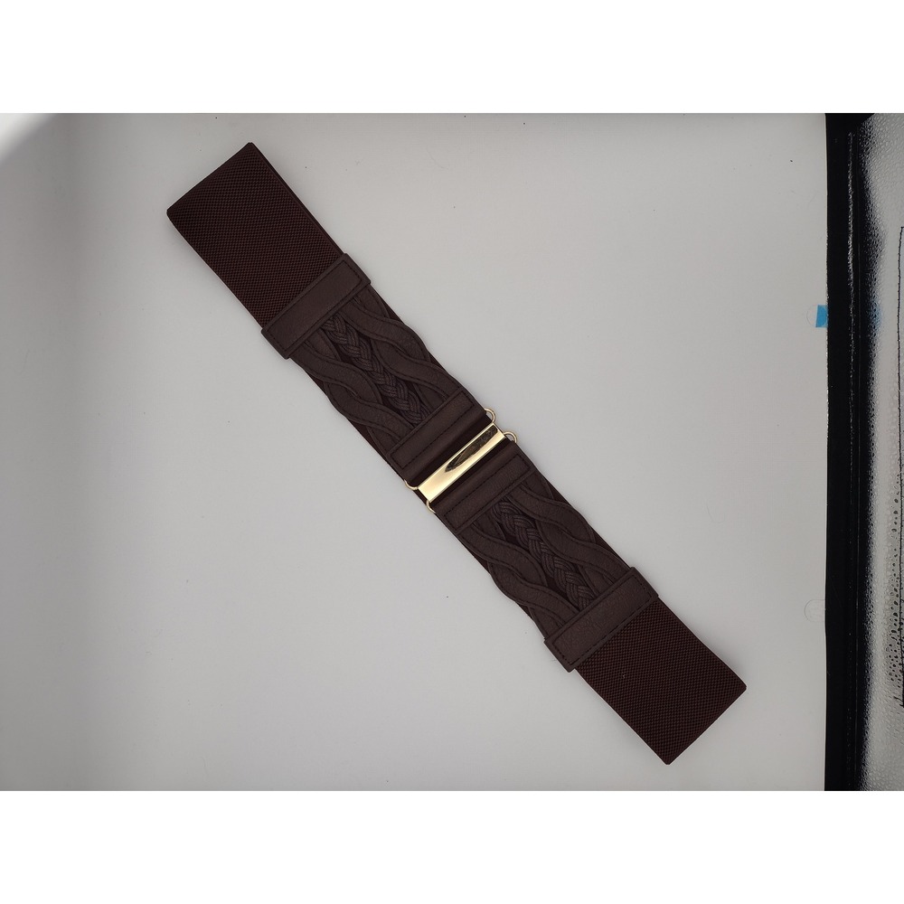 Brown Elastic Braided Waist Belt with Gold Accent